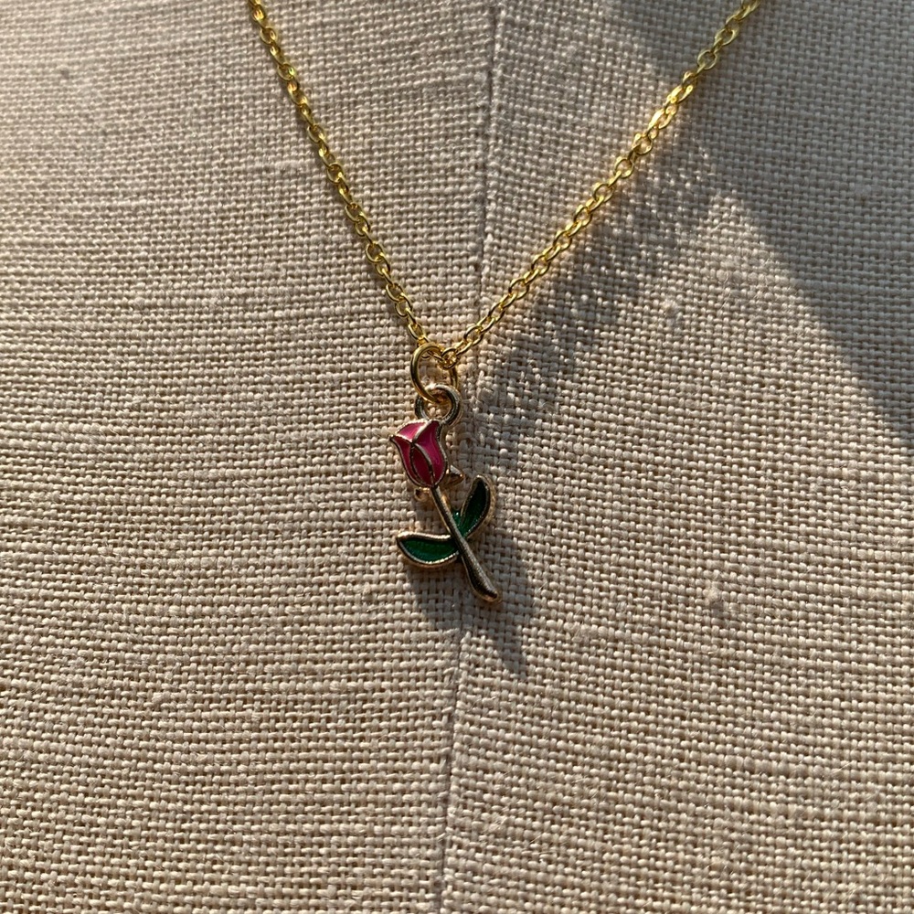 NWT Sterling Silver Plated Chain, Enamel Rose Flower Alloy Charm Neckkace - Picture 4 of 15
